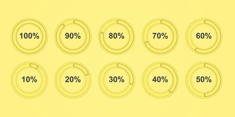 3d Set of circle percentage diagrams (meters) from 10,20,30,40,50,60,70,80,90,100 ready-to-use for web design, user interface (UI) or infographic