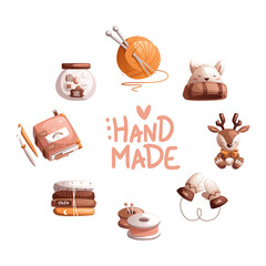 Round composition, Handmade inscription and elements related to knitting and knitted amigurumi toys. Detailed vector illustration.