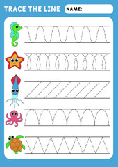 Trace line worksheet for kids. Basic writing. Working pages for children. Preschool or kindergarten worksheet. Trace the pattern. Funny little ladybug. Illustration and vector outline - A4 paper