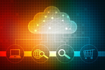Fototapeta na wymiar 2d illustration of Cloud computing, Digital Cloud computing Concept background. Cyber technology, internet data storage, database and data server concept