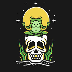 illustration of a frog doing yoga on a skull