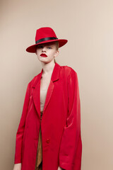 glamorous woman red lips fashion jacket cosmetics isolated background