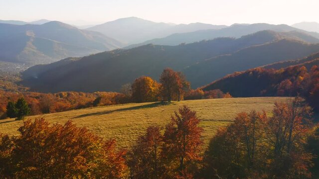 Fantastic view of idyllic rolling hills in alpine landscape. Aerial top down flyover shot over countryside.