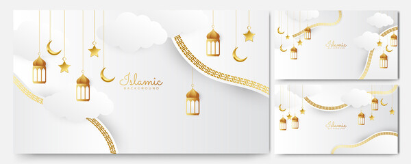 Elegant golden lantern arabic white gold Islamic design background