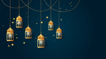 golden lantern arabic dark blue Islamic design background. Universal ramadan kareem banner background with lantern, moon, islamic pattern, mosque and abstract luxury islamic elements