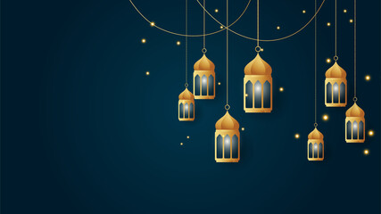 golden lantern arabic dark blue Islamic design background. Universal ramadan kareem banner background with lantern, moon, islamic pattern, mosque and abstract luxury islamic elements