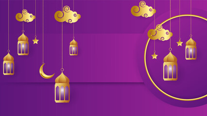 golden lantern arabic purple Islamic design background. Universal ramadan kareem banner background with lantern, moon, islamic pattern, mosque and abstract luxury islamic elements