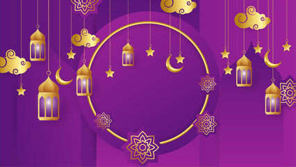 golden lantern arabic purple Islamic design background. Universal ramadan kareem banner background with lantern, moon, islamic pattern, mosque and abstract luxury islamic elements