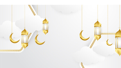 Elegant golden lantern arabic white gold Islamic design background. Universal ramadan kareem banner background with lantern, moon, islamic pattern, mosque and abstract luxury islamic elements