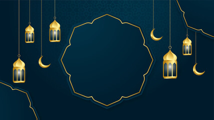 golden lantern arabic dark blue Islamic design background. Universal ramadan kareem banner background with lantern, moon, islamic pattern, mosque and abstract luxury islamic elements