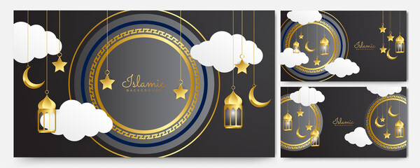Obraz na płótnie Canvas Luxury hanging golden lantern arabic black gold Islamic design background