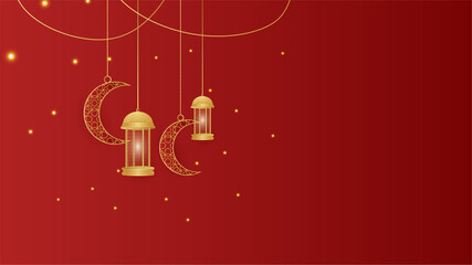 Fototapeta premium golden lantern arabic red gold Islamic design background. Universal ramadan kareem banner background with lantern, moon, islamic pattern, mosque and abstract luxury islamic elements