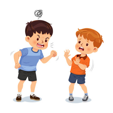 Angry boy shouting at a friend. Children are bullied. Vector illustration