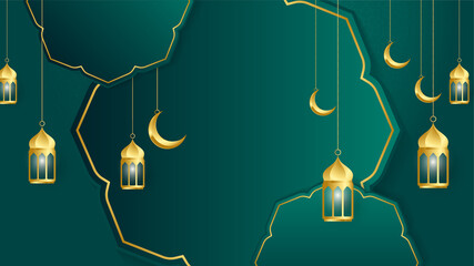 golden lantern arabic green Islamic design background. Universal ramadan kareem banner background with lantern, moon, islamic pattern, mosque and abstract luxury islamic elements