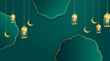 golden lantern arabic green Islamic design background. Universal ramadan kareem banner background with lantern, moon, islamic pattern, mosque and abstract luxury islamic elements © Salman