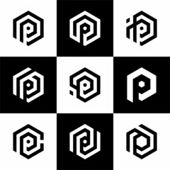 Initial letter P hexagon logo design inspiration. with a set of business company