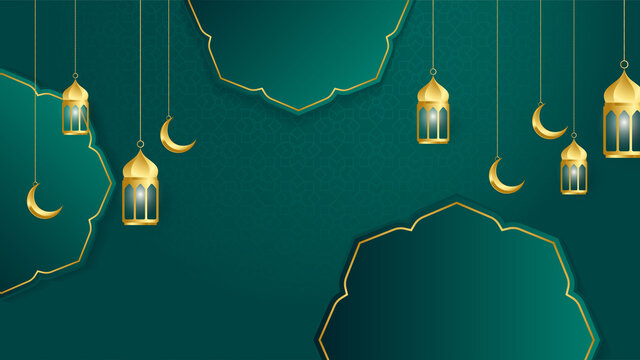 golden lantern arabic green Islamic design background. Universal ramadan kareem banner background with lantern, moon, islamic pattern, mosque and abstract luxury islamic elements