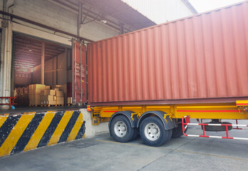 Trailer Trucks with Cargo Container Loading at Dock Warehouse. Shipment. Packaging Boxes Supply Chain. Distribution Warehouse Shipping. Lorry. Cargo Freight Truck Transport Logistics.	
