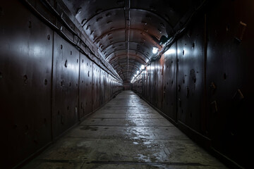 old bomb shelter tunnel in an underground bunker. Protection from bombardment. - obrazy, fototapety, plakaty