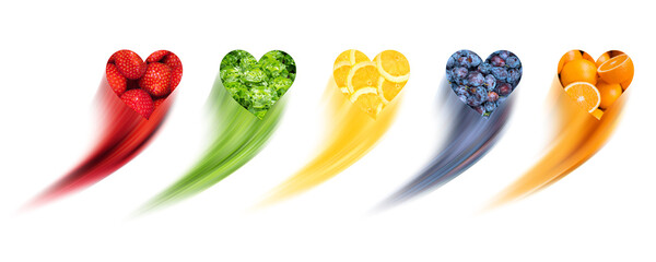 Five fruits and vegetables in the shape of hearts in motion