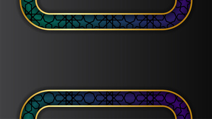 Luxury golden lantern arabic black gold Islamic design background. Universal ramadan kareem banner background with lantern, moon, islamic pattern, mosque and abstract luxury islamic elements