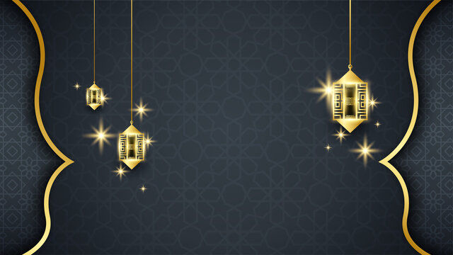Luxury golden lantern arabic black gold Islamic design background. Universal ramadan kareem banner background with lantern, moon, islamic pattern, mosque and abstract luxury islamic elements