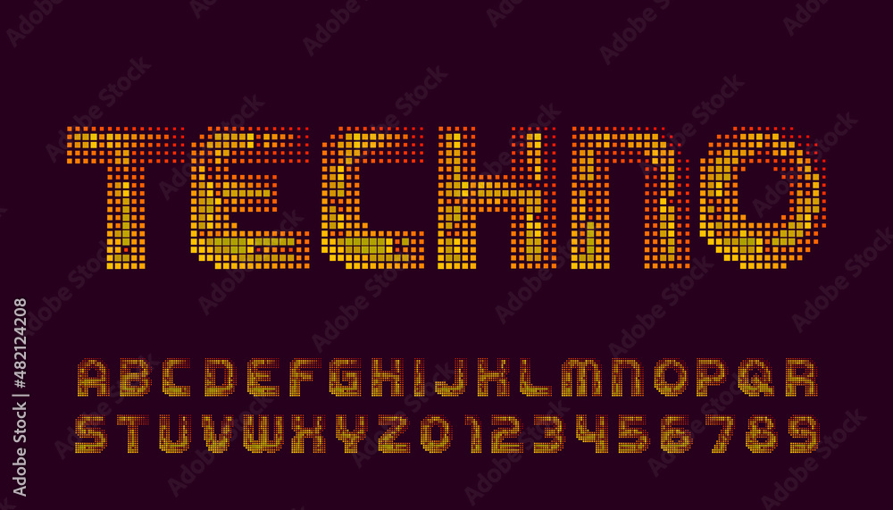 Poster techno alphabet font. pixel letters and numbers. 80s arcade video game typescript.