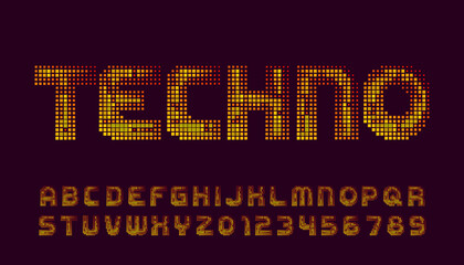Techno alphabet font. Pixel letters and numbers. 80s arcade video game typescript.