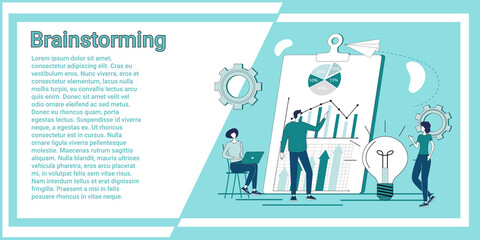 Brainstorming.People on the background of a list of completed tasks and electollamps.Creating new projects.An illustration in the style of a green landing page.