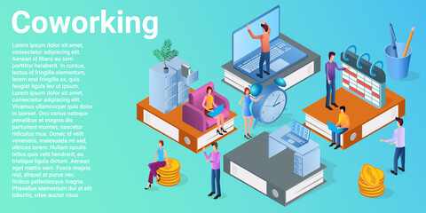 Coworking.The concept of office work.People in the office work and communicate with each other.A business-style poster.Flat vector illustration.