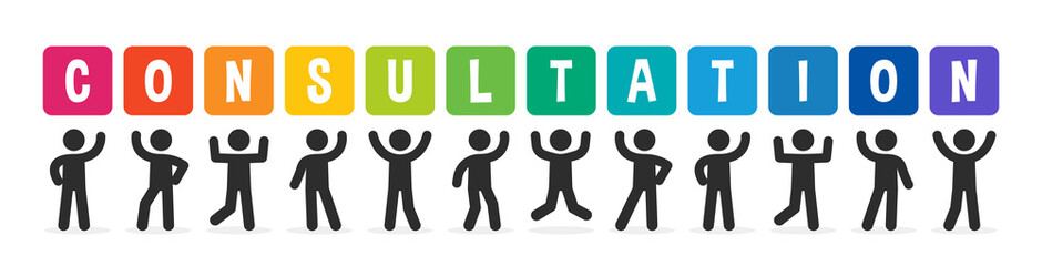 Consulting business icon. Group of people standing with text consultation in colorful design. Banner vector illustration.