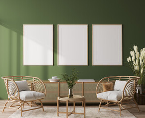 Poster frame mock-up in home interior on green background with rattan chair and decor in living room, 3d render