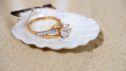 beautiful engagement ring with a diamond in a sea shell, a shell with a ring on the sand, sandy...