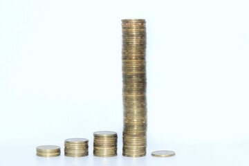 Financial investment trading. Bankruptcy. Short transactions. Economic crisis. Coins on white background