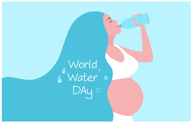 World water day concept, pregnant woman drinking water vector illustration. Save water for ecology and environment conservation 
