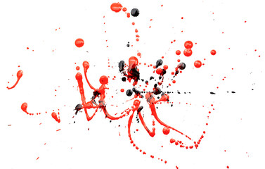 Black and red drops of paint on a white background.