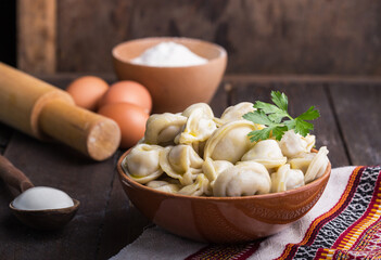 Homemade Meat Dumplings or tortellini with  fresh parsley on plate. Traditional Russian food- pelmeni
