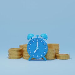 Pile of coins and blue alarm clock.Finance investment, Time is money on blue background.3d rendering illustration