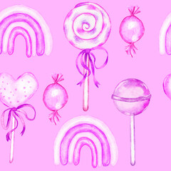 Watercolor hand drawn seamless pattern with pastel pink lollipop candies sweets had sugar cotton candy caramel. Sweet dessert food for girl birthday party. Print for wrapping paper textile.