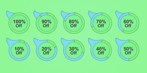 3d Set of circle percentage off, discount diagrams (meters) from 10,20,30,40,50,60,70,80,90,100 ready-to-use for web design, user interface (UI) or infographic