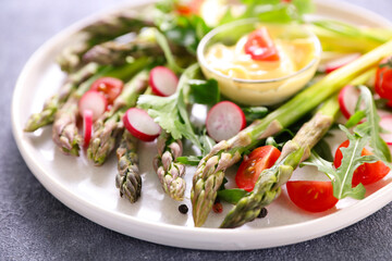 asparagus and radish salad with dipping sauce