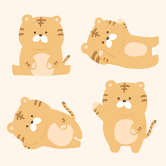 Cute tigers in various poses. Lying, sitting, greeting tigers.