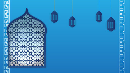Flat arabic blue Islamic design background. Universal ramadan kareem banner background with lantern, moon, islamic pattern, mosque and abstract luxury islamic elements