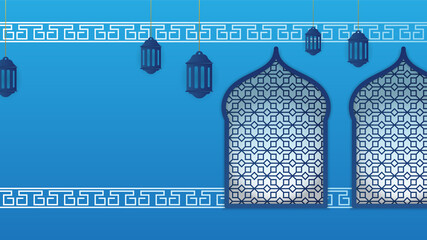 Flat arabic blue Islamic design background. Universal ramadan kareem banner background with lantern, moon, islamic pattern, mosque and abstract luxury islamic elements