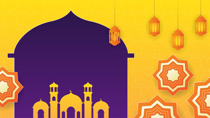 Realistic mandala orange Islamic design background. Universal ramadan kareem banner background with lantern, moon, islamic pattern, mosque and abstract luxury islamic elements