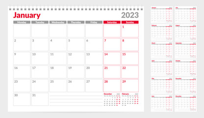 Calendar 2023 planner template. Week Starts on Monday. Set of 12 Months. Vector Illustration