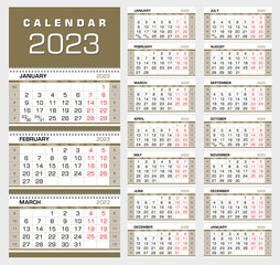 Calendar 2023. Wall quarterly calendar with week numbers. Week start from Monday. Ready for print, color - Black, Red, Gold. Vector Illustration