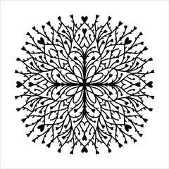 Vector hand drawn mandala isolated on white background. Mandala coloring page. Valentine's day greeting card. Outline mandala of hearts.