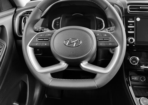 Grodno, Belarus - 10.29.2021: Beautiful interior of Hyundai Creta 2021 (Hyundai ix25). Black and white photo