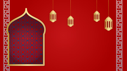 Flat arabic red Islamic design background. Universal ramadan kareem banner background with lantern, moon, islamic pattern, mosque and abstract luxury islamic elements